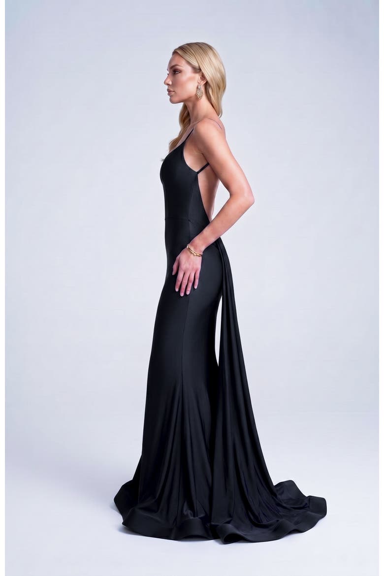 Open Back Pleated Sweetheart Mermaid Gown, Alternate, color, Black