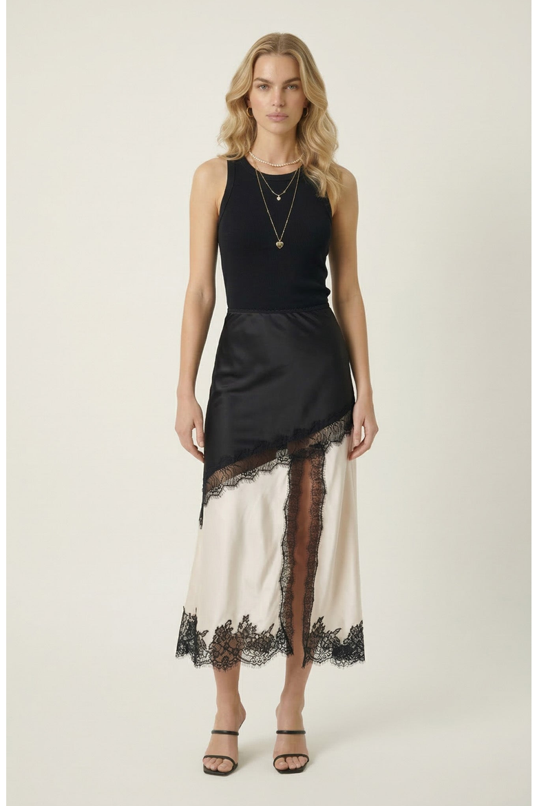 Lace Trim Asymmetric Satin Midi Skirt with Contrast Panel, Alternate, color, Beige