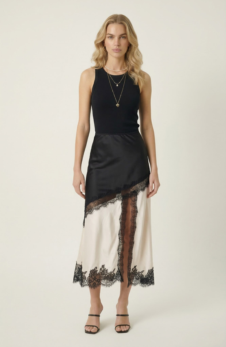 Modenaire Lace Trim Asymmetric Satin Midi Skirt with Contrast Panel, Alternate, color, Beige