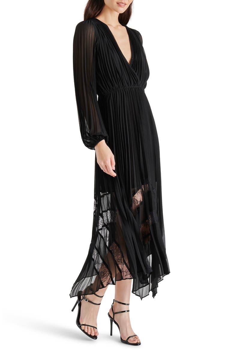 Ari Pleated Long Sleeve Chiffon & Lace Dress, Alternate, color, BLACK