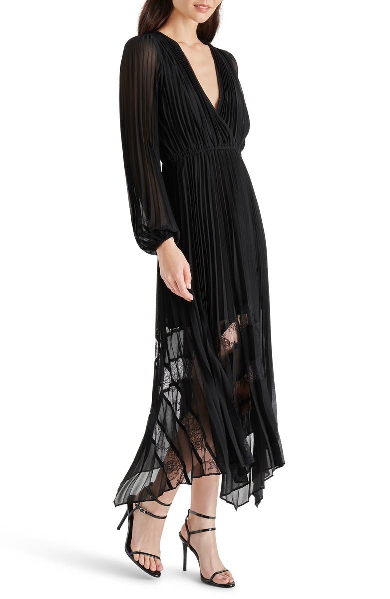 Steve Madden Ari Pleated Long Sleeve Chiffon & Lace Dress, Alternate, color,