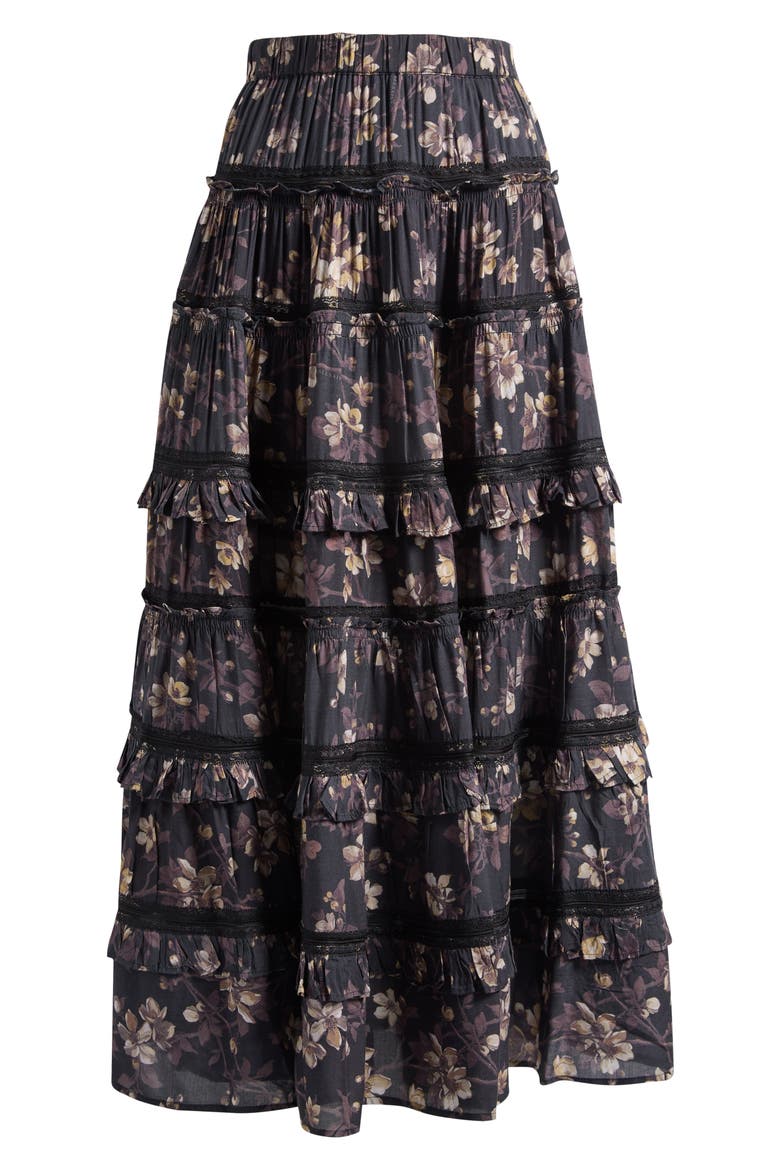 Talia Floral Print Ruffle Lace Maxi Skirt, Alternate, color, VINE BLACK