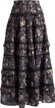 AllSaints Talia Floral Print Ruffle Lace Maxi Skirt