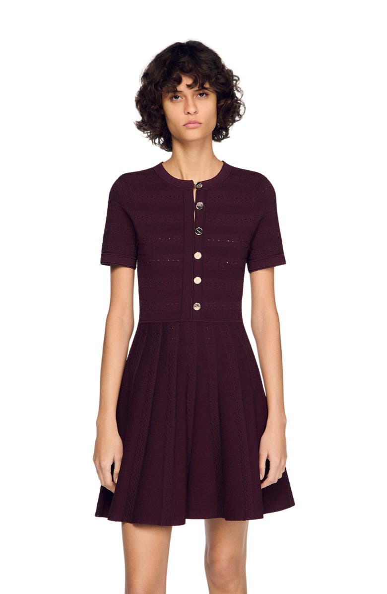 SANDRO Floral print knit short dress, Alternate, color, Brown