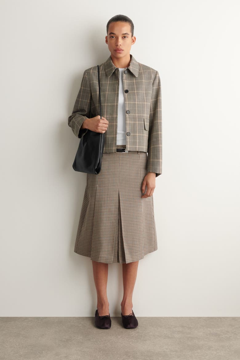 Box-pleat Checked Wool Midi Skirt, Alternate, color, BEIGE / CHECKED