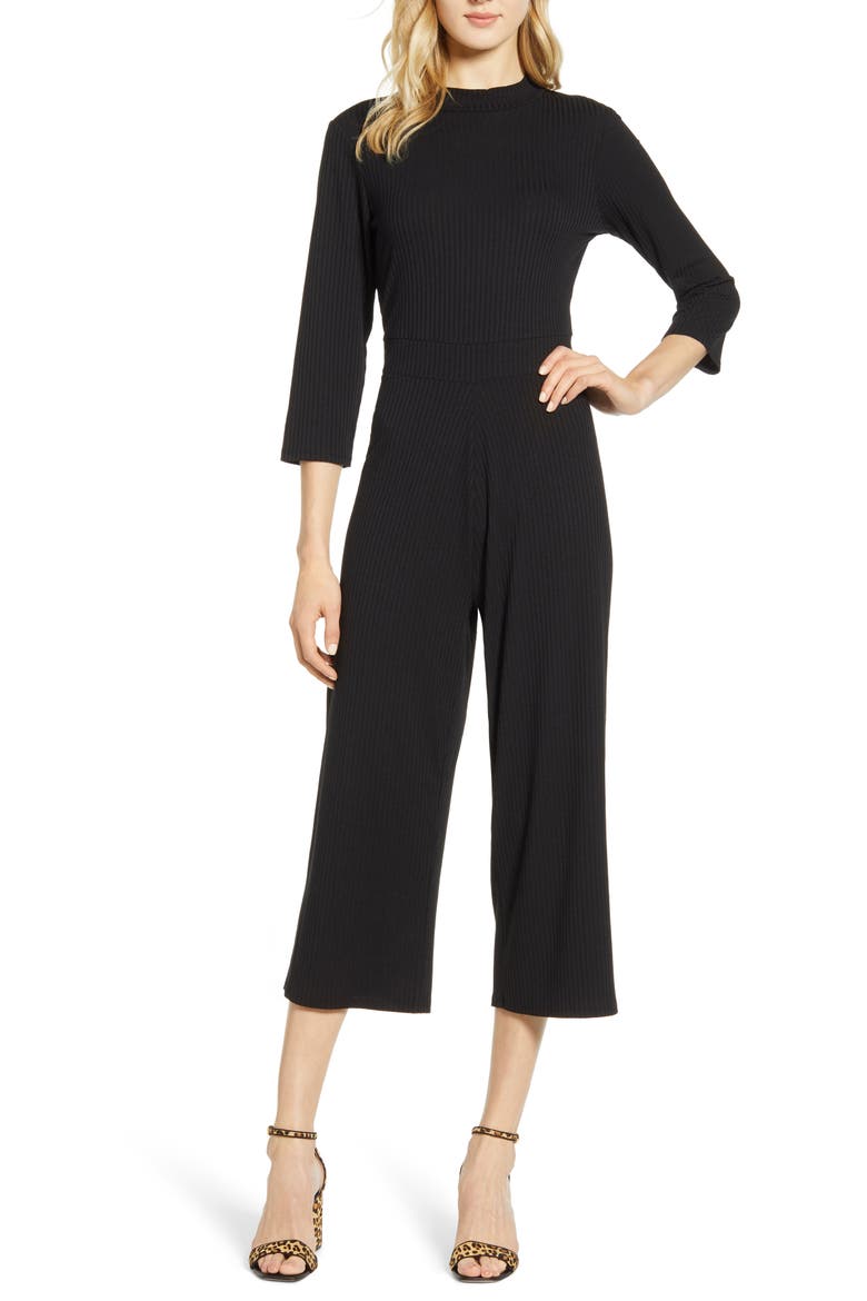 Ribbbed Knit Crop Jumpsuit, Main, color, BLACK