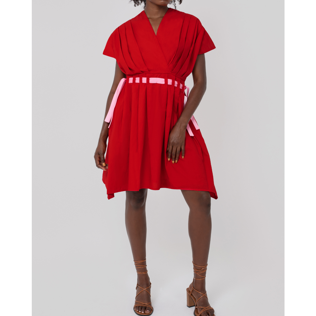 Haveli Amma Ribbon Dress In Red