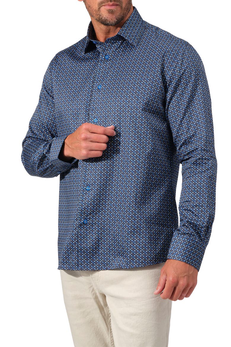 Mosaic Print Cotton Button-Up Shirt, Alternate, color, NAVY