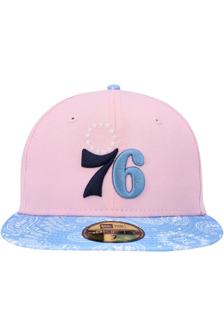 Men's New Era Pink/Light Blue Philadelphia 76ers Paisley Visor 59FIFTY Fitted Hat, Alternate, color, Pink