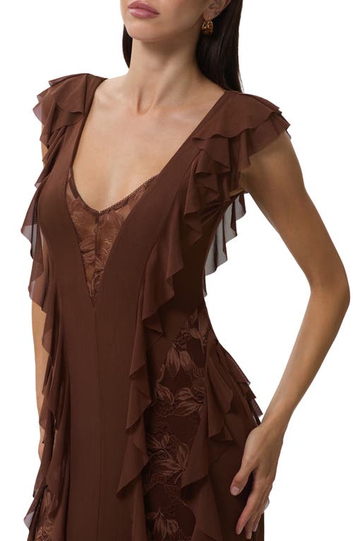 Afrm Trista Lace Insert Ruffle Maxi Dress In Brown