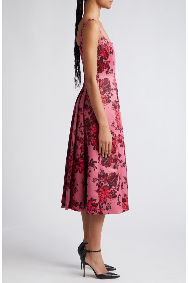 Adele Rose Print Pleated Taffeta Faille Fit & Flare Midi Dress, Alternate, color, MAUVE PINK FESTIVE BOUQUET