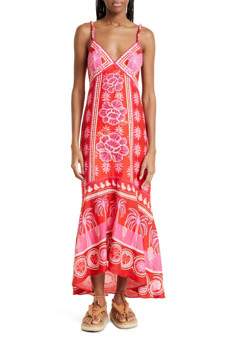 Summer Sunrise Embroidered Linen Maxi Dress, Main, color, SUMMER SUNRISE RED