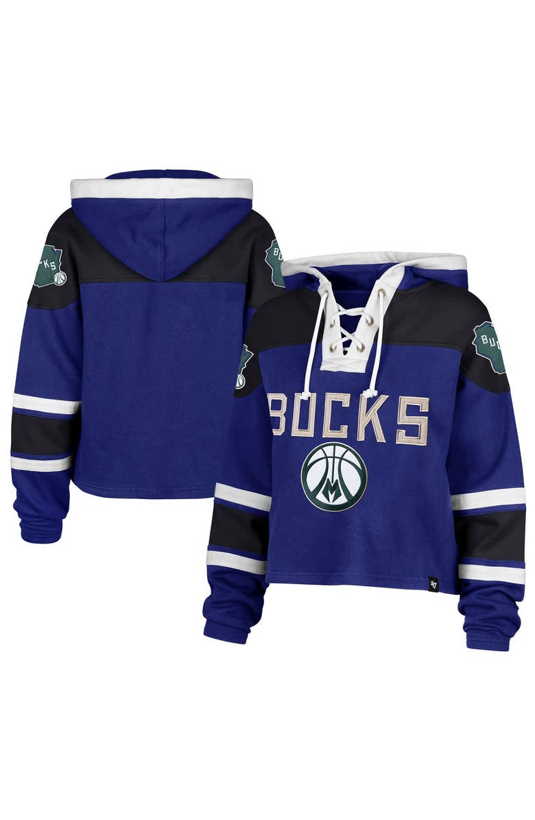'47 Women's '47 Royal Milwaukee Bucks 2024/25 City Edition Superior Cropped Lace-Up Pullover Hoodie, Main, color, 