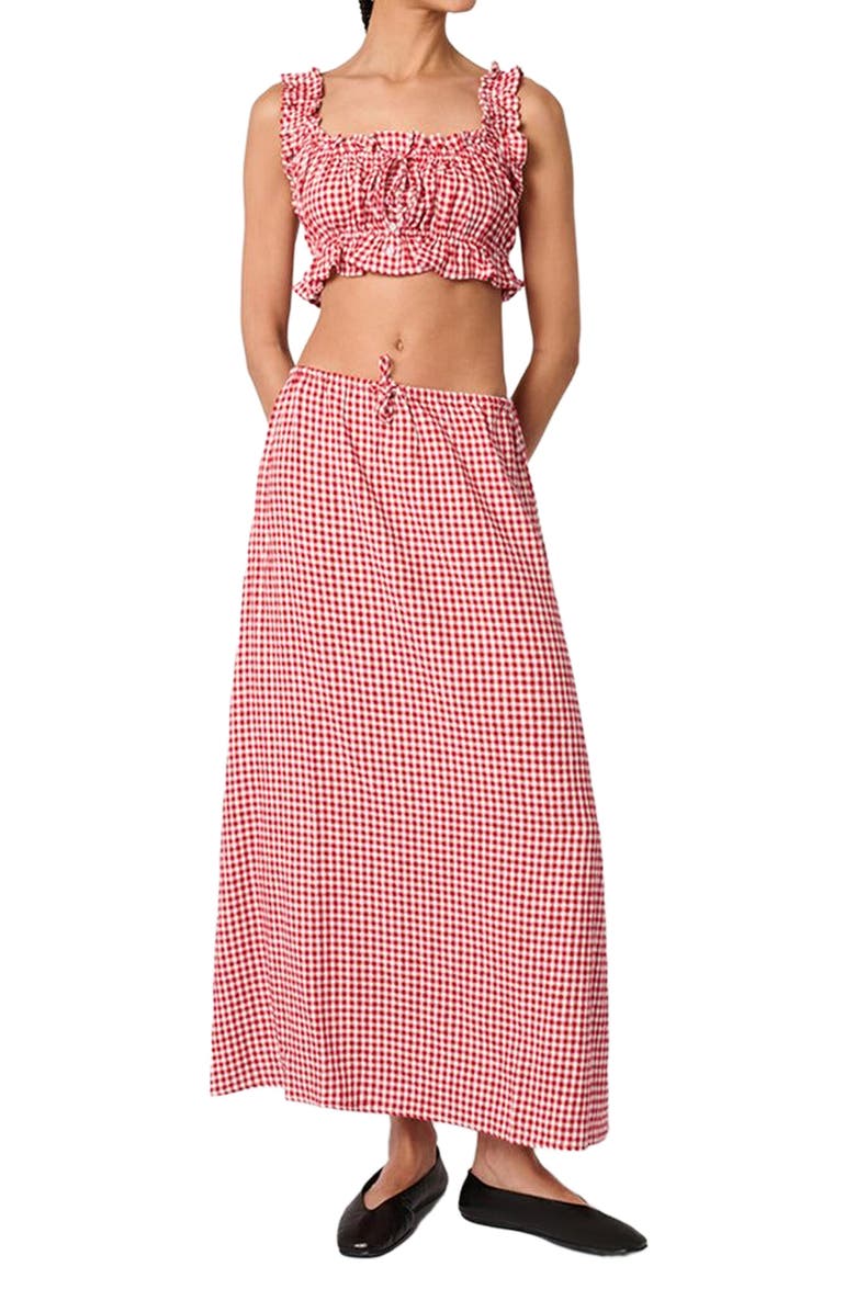 WeWoreWhat Ruffle Button Up Crop Top, Main, color, Red Multi