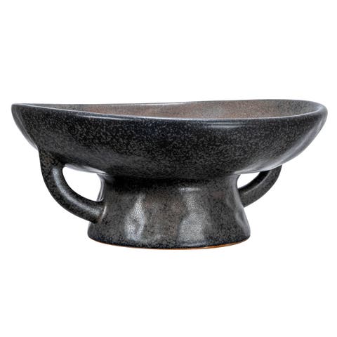 Stoneware Bowl with Handle and Base, Black Reactive Glaze