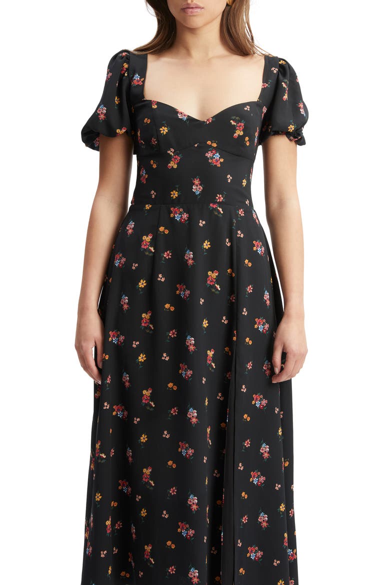 Gillian Puff Sleeve Midi Dress, Alternate, color, BLACK FLORAL