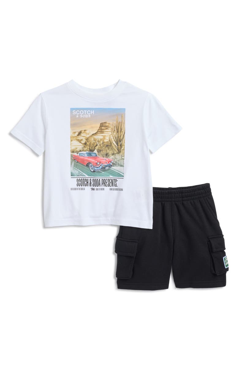 Scotch & Soda Kids' Desert Graphic T-Shirt & Fleece Cargo Shorts Set, Main, color, White
