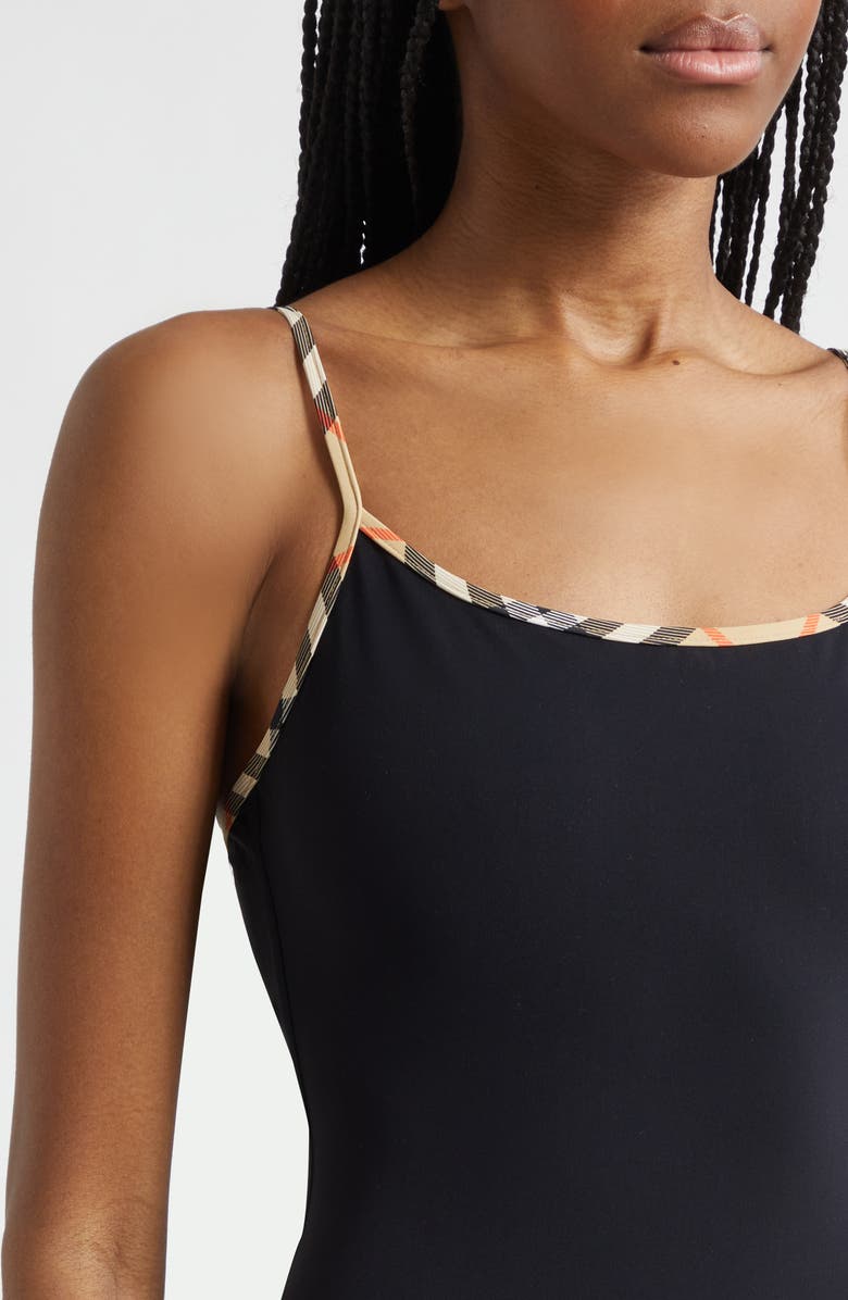 Burberry Sylvia Check Trim One-Piece Swimsuit, Alternate, color, Black