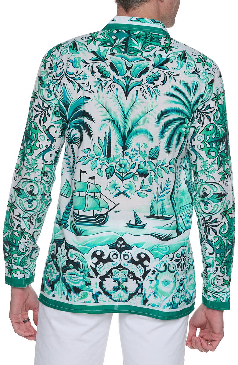 RANEES Extra Trim Fit Print Linen & Cotton Button-Up Resort Shirt, Alternate, color, Emerald