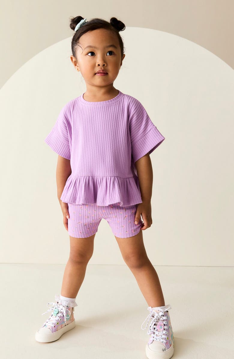 NEXT Kids' Frill Rib Top and Floral Shorts Set, Alternate, color, Purple