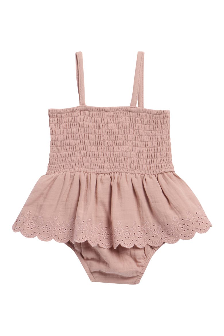 Eyelet Smocked Organic Cotton Skirted Bodysuit, Alternate, color, MAUVE