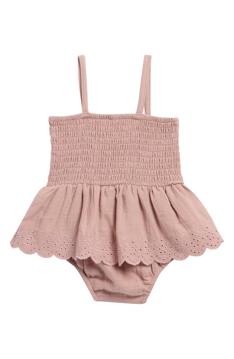 QUINCY MAE Eyelet Smocked Organic Cotton Skirted Bodysuit, Alternate, color, Mauve