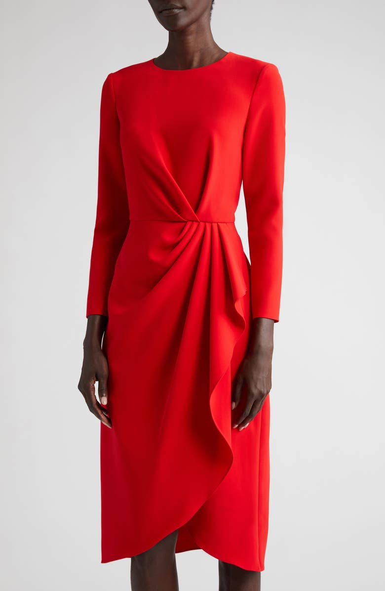 Carolina Herrera Pleated Long Sleeve Tulip Midi Dress, Alternate, color, Poppy