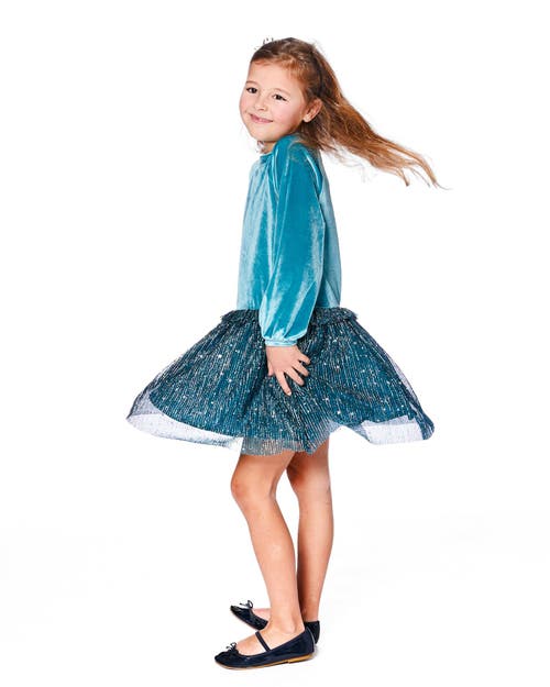 Deux Par Deux Long Sleeve Bi-material Velvet And Pleated Mesh Dress In Blue