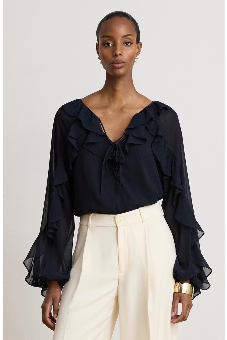 Ruffle Raglan Sleeve Georgette Top, Alternate, color, LAUREN NAVY BLUE