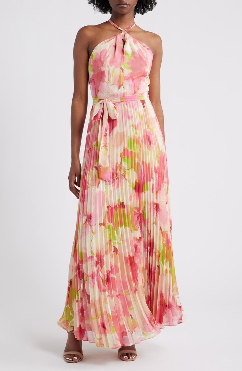 Julia Jordan Floral Pleated Chiffon Halter Dress, Main, color, Pink Multi