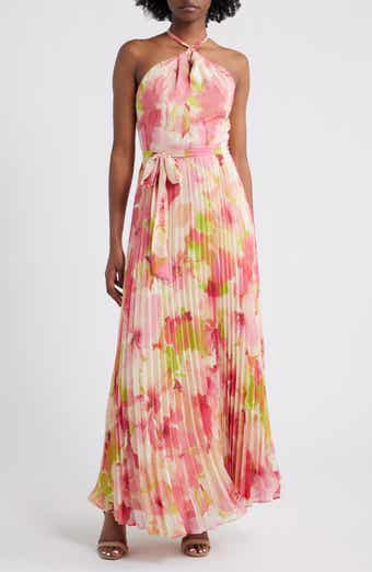 Floral Pleated Chiffon Halter Dress