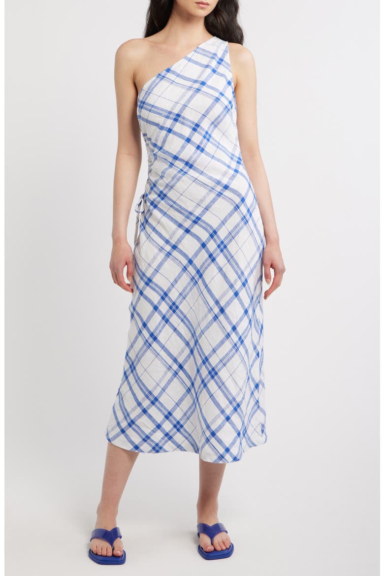 Ruched One-Shoulder Linen Midi Dress, Alternate, color, OVERSIZED BLUE WHITE PLAID