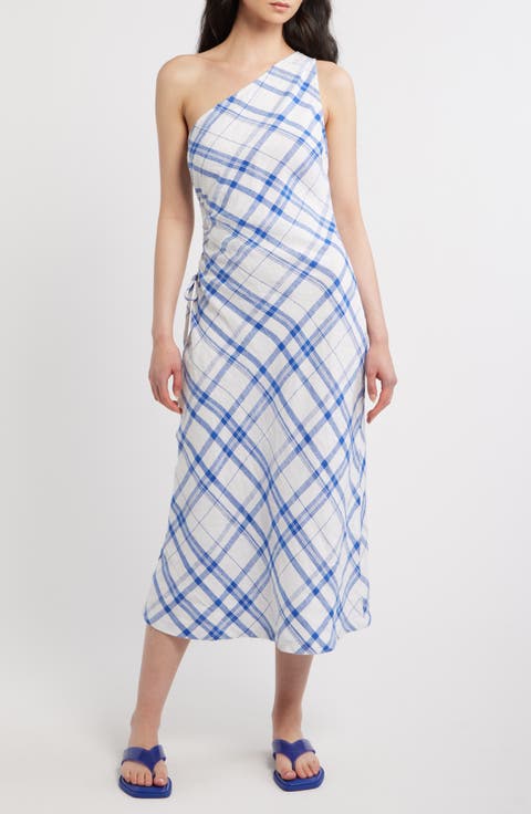 Ruched One-Shoulder Linen Midi Dress