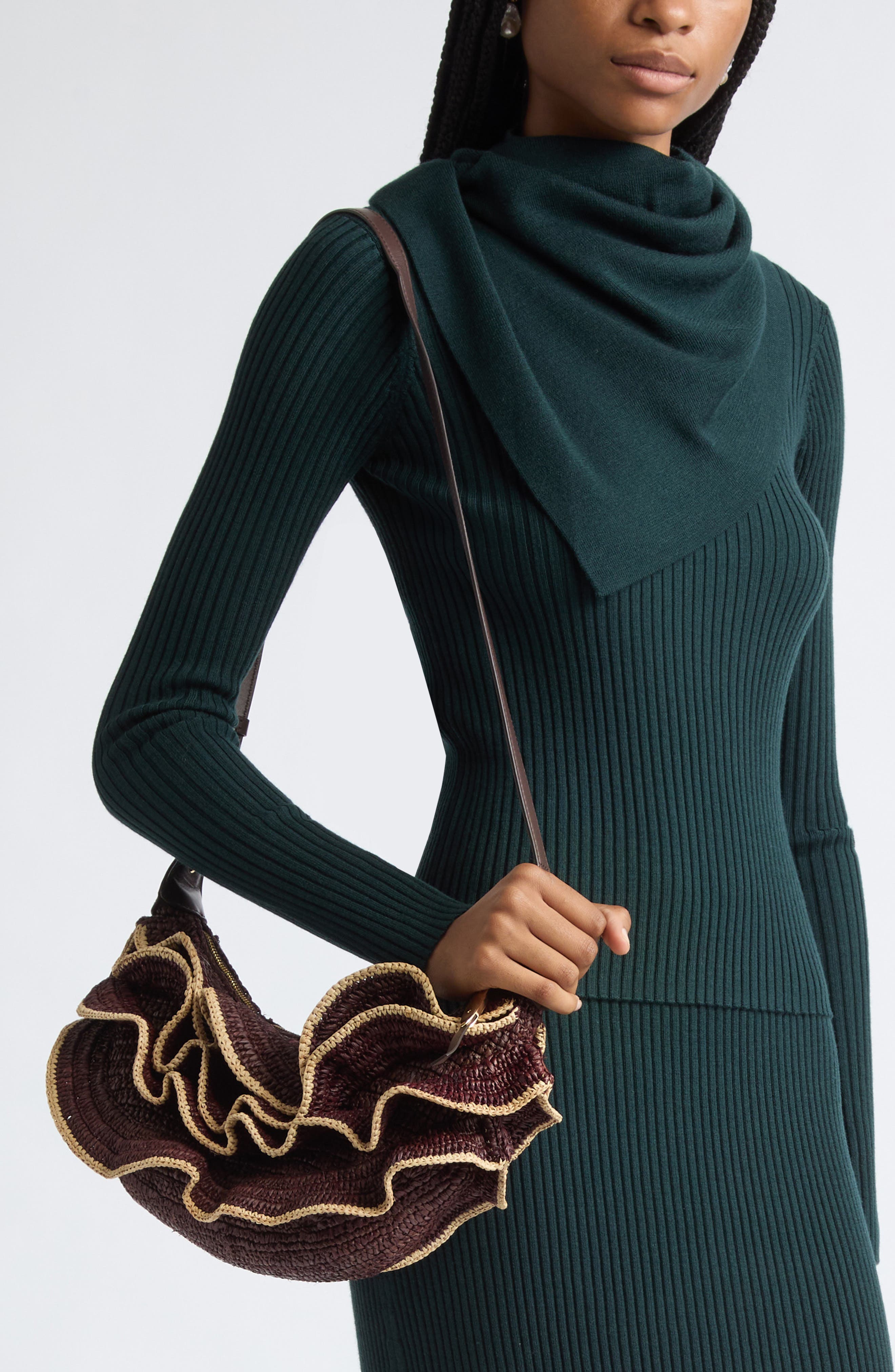 Goldentime Ruffle Woven Raffia Shoulder Bag, Alternate, color, CHOCOLATE