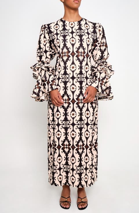 New Makeda Paisley Long Sleeve Crepe Maxi Dress