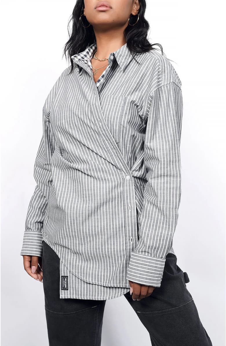 WILDFANG The Essential Long Sleeve Oversized Wrap Button Up, Alternate, color, Stripe Grey