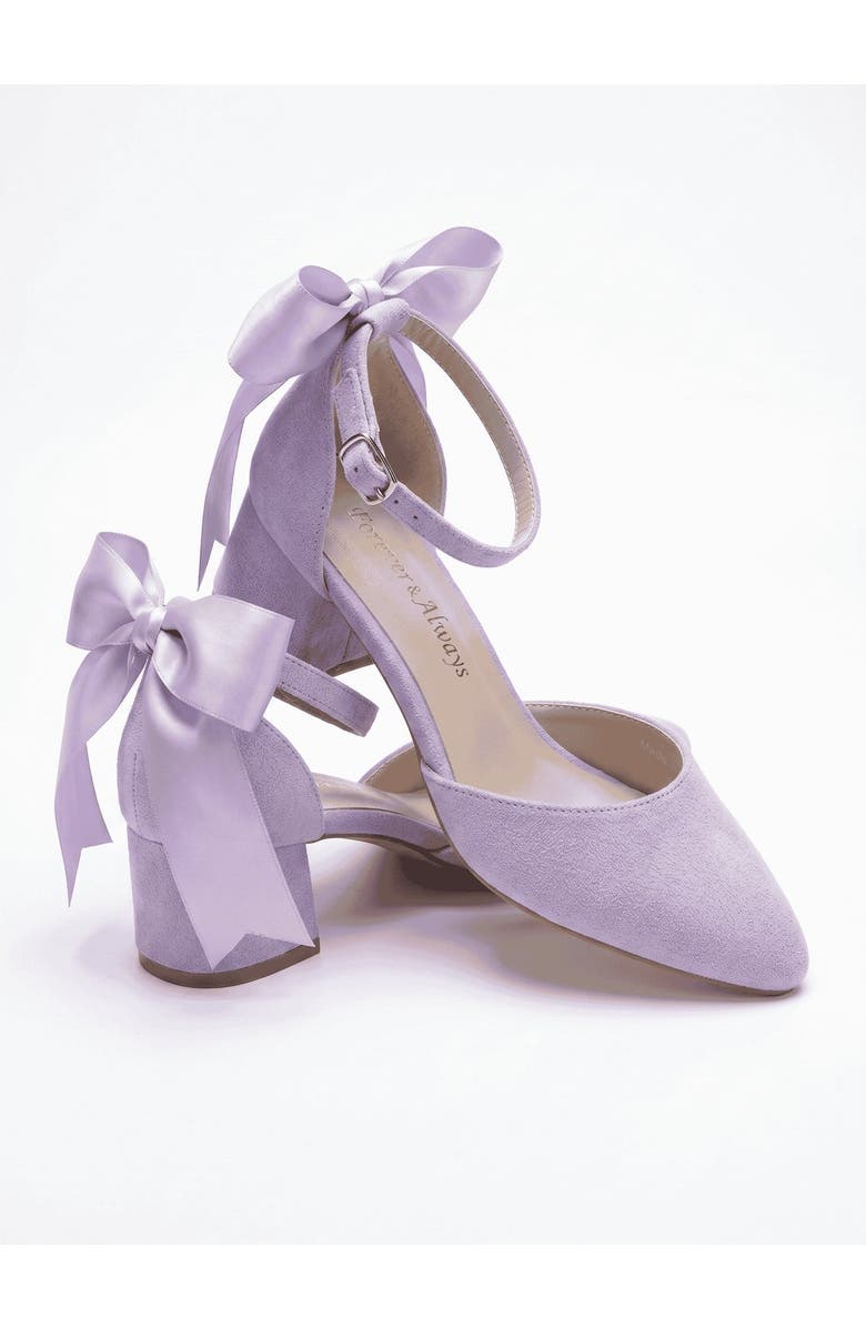 Forever & Always Shoes Arielle Bow Ankle Strap Block Heel Pump, Alternate, color, Lilac Suede