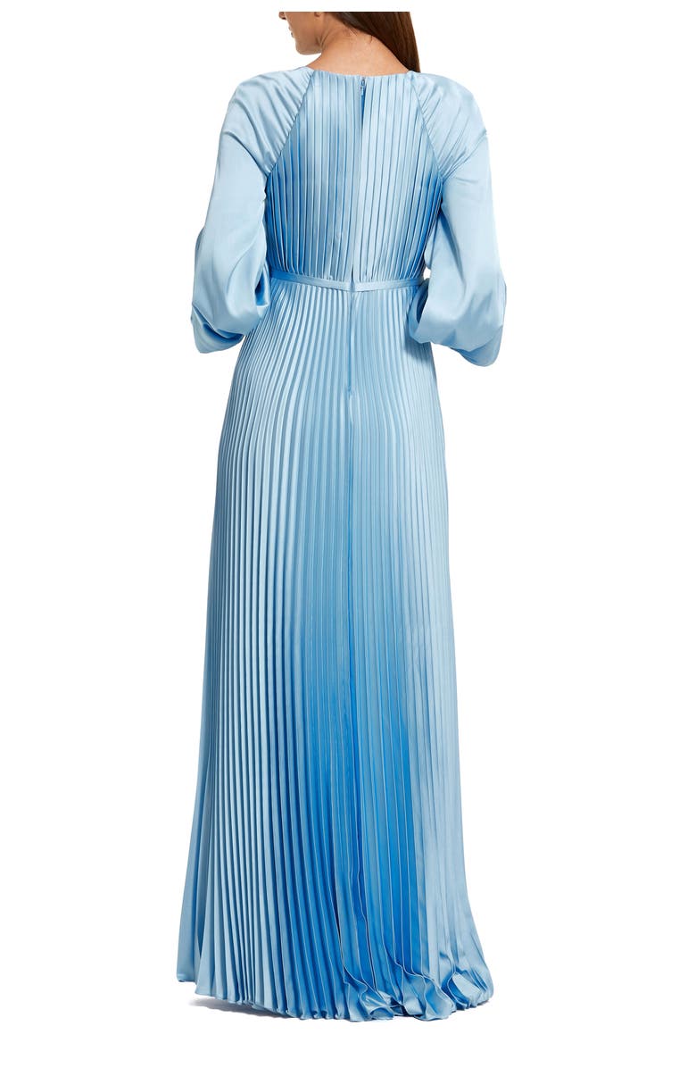 Mac Duggal Pleated High Neck Raglan Long Sleeve Side Slit Gown, Alternate, color, Ice Blue
