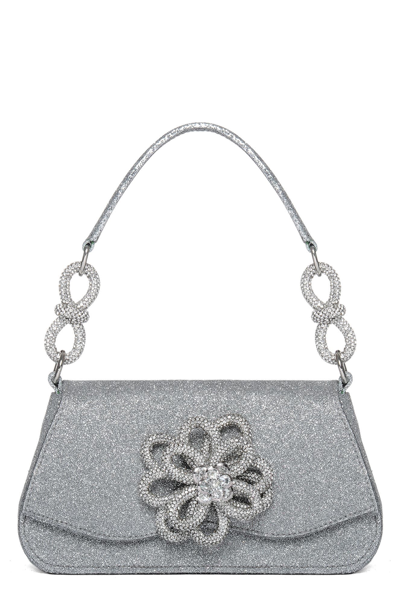 Mach & Mach Medium Carrie Crystal Flower Glitter Shoulder Bag, Main, color, 