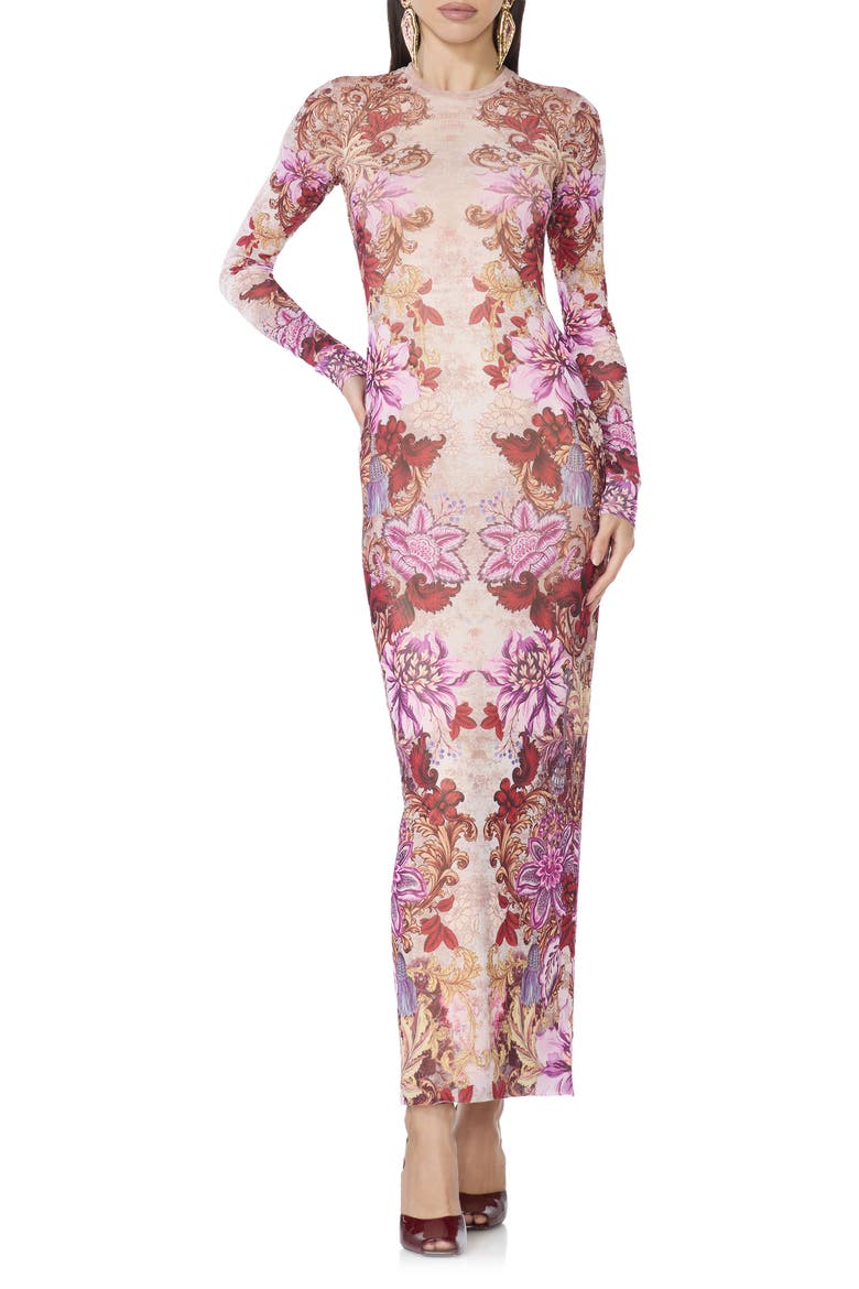 Didi Floral Print Mesh Maxi Dress, Main, color, GOLD GUILDED FLORAL