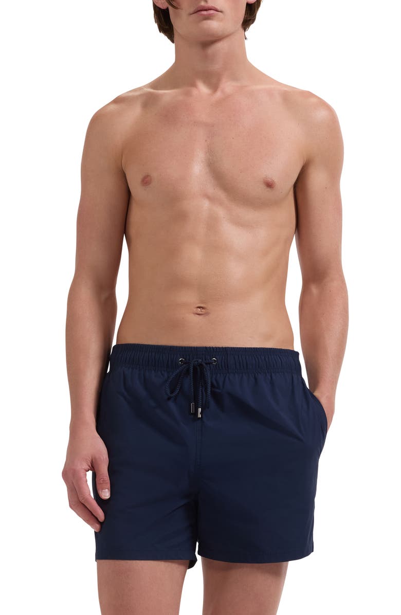 Bugatchi Zane Mid Length Print Swim Trunks, Alternate, color, Navy