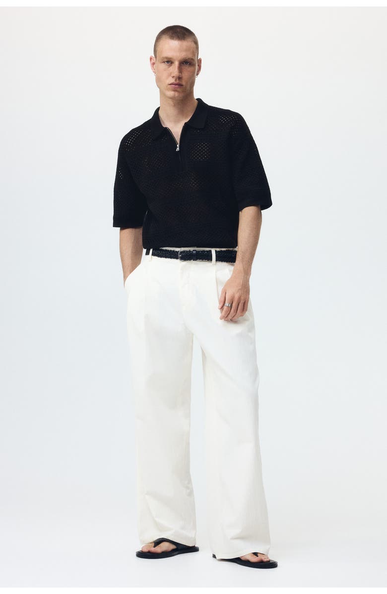 H&M Relaxed Fit Hole-knit Polo Shirt, Alternate, color, Black