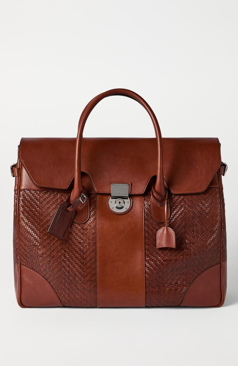 Brunello Cucinelli Leather and cowhide boston bag, Alternate, color, Cognac