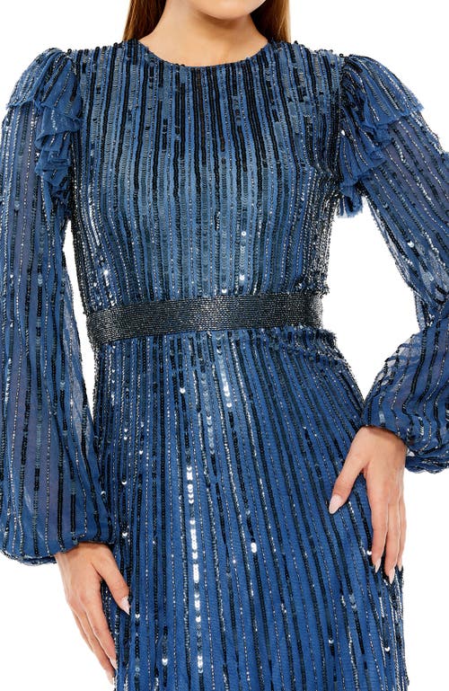 Mac Duggal Long Sleeve Ruffle Detail Sequin Dress In Blue