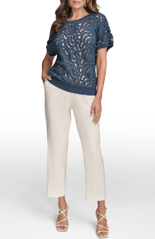 Donna Karan New York Drop Shoulder Crochet Short Sleeve Sweater In Blue
