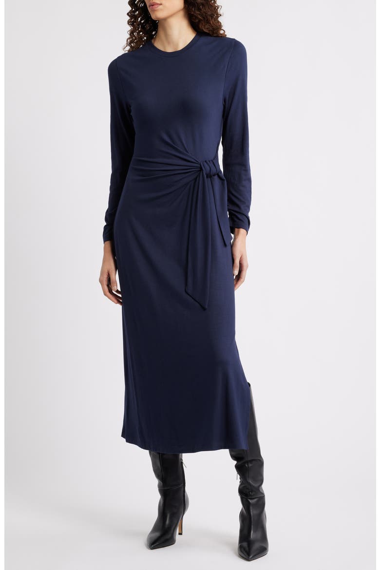 Erlot Side Tie Long Sleeve Midi Dress, Main, color, DARK BLUE