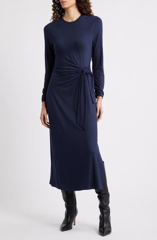 BOSS Orange Erlot Side Tie Long Sleeve Midi Dress in Dark Blue at Nordstrom, Size X-Large