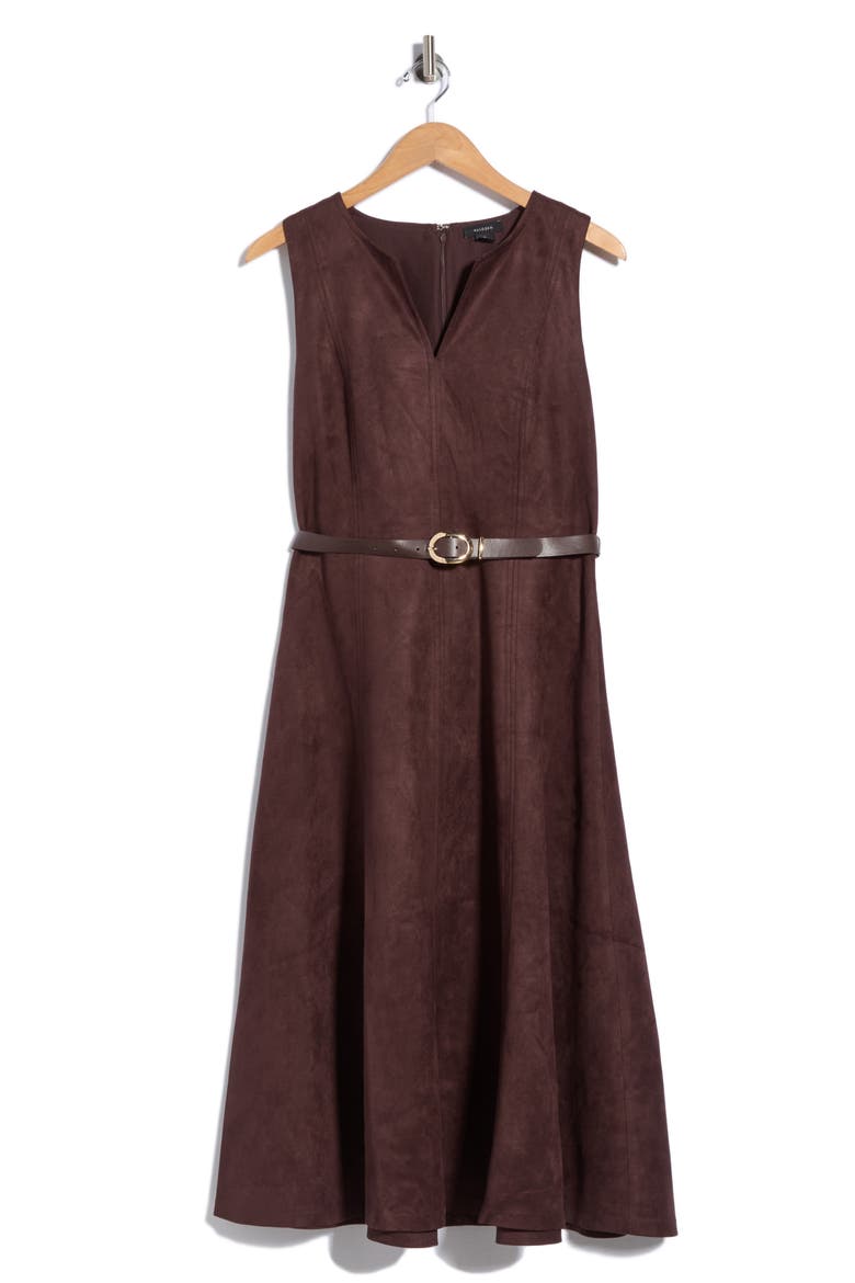 Faux Suede Fit & Flare Dress, Alternate, color, DARK ROAST