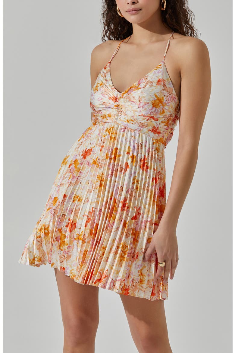Pleated Tie Back Dress, Alternate, color, CREAM ORANGE FLORAL