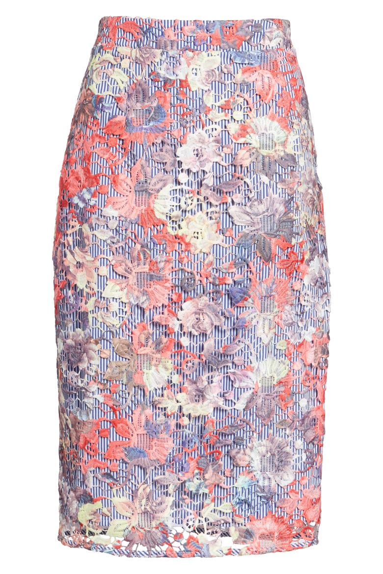 Lace & Pinstripe Pencil Skirt, Alternate, color, CORAL LACE PATTERN